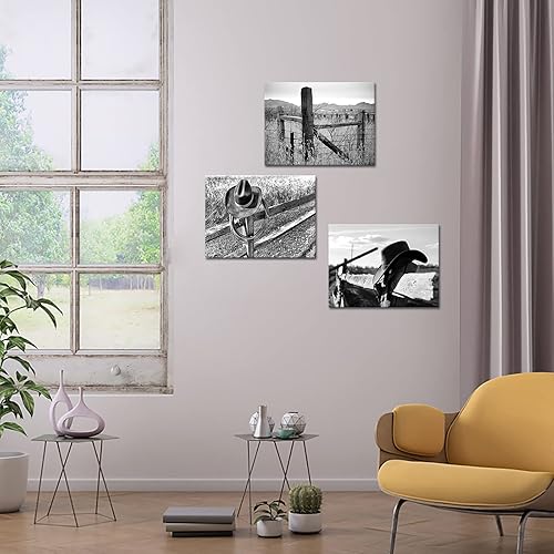 Miniatura 3 de iKNOW FOTO Lienzo impreso en blanco y negro con diseño de vaquero para dormitorio, oficina, lienzo impreso, decoración del hogar, juego de 3 lienzos