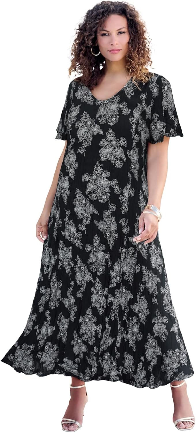 Roaman's Women's Plus Size Flutter-Sleeve Crinkle Dress