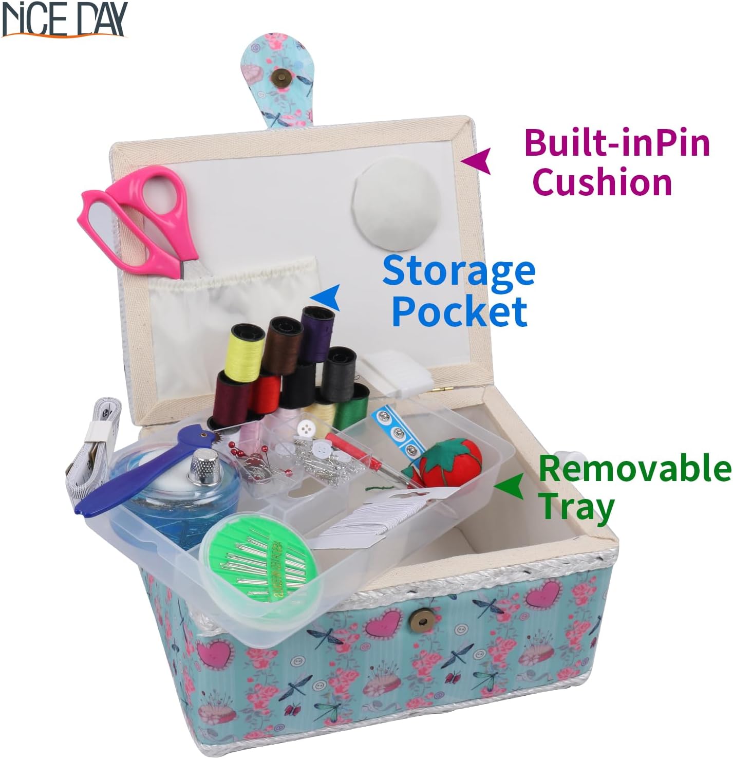 Sewing Basket, Classic Fabric Design Sewing Kit Accessories Large Sewing Box Sewing Supplies Organizer and Storage Portable Sewing Kit Embroidery Boxn 11.4 x 7.5X 5.1in (Middle/Green)