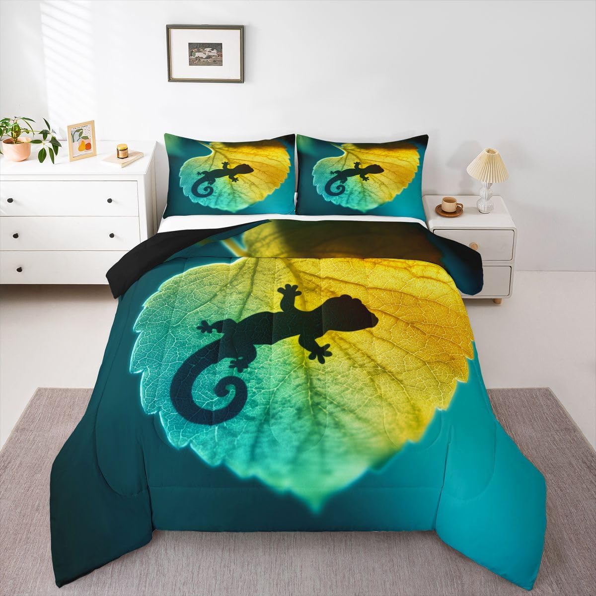 Feelyou Gecko Print Comforter Animal Bedding Set Green Leaf Comforter Set for Boys Girls Teens Decor Nature Duvet Set Twin Size Boys