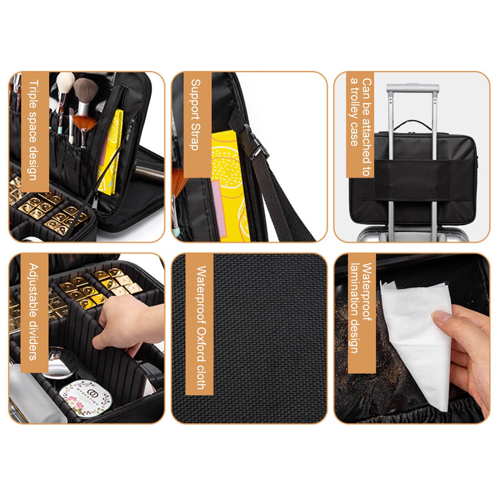 Bolsa de Neceser Maquillaje Profesional Grande, Tela Oxford Organizador de Maquillaje, Mujer Maletin Maquillaje de Viaje con Gran Capacidad y Diseño Divisible, con Bandolera y 2 Capas, Negro