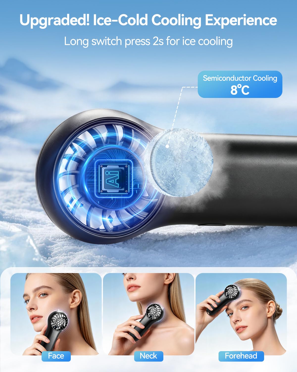 Ventilatore a mano con funzione di raffreddamento, mini ventilatore portatile 20000 RPM ad alta velocità, batteria con autonomia di 20,5 ore, 4 velocità, ventilatore USB ricaricabile, piccolo
