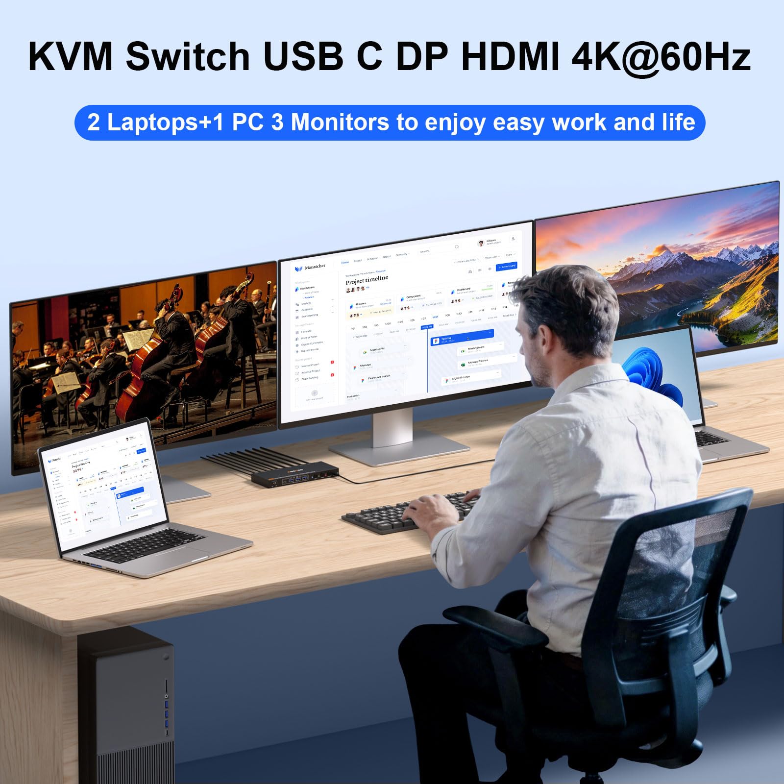 KVM Switch 3 PC 3 Monitor USB C, KVM Switch for 2 Laptops&1 PC