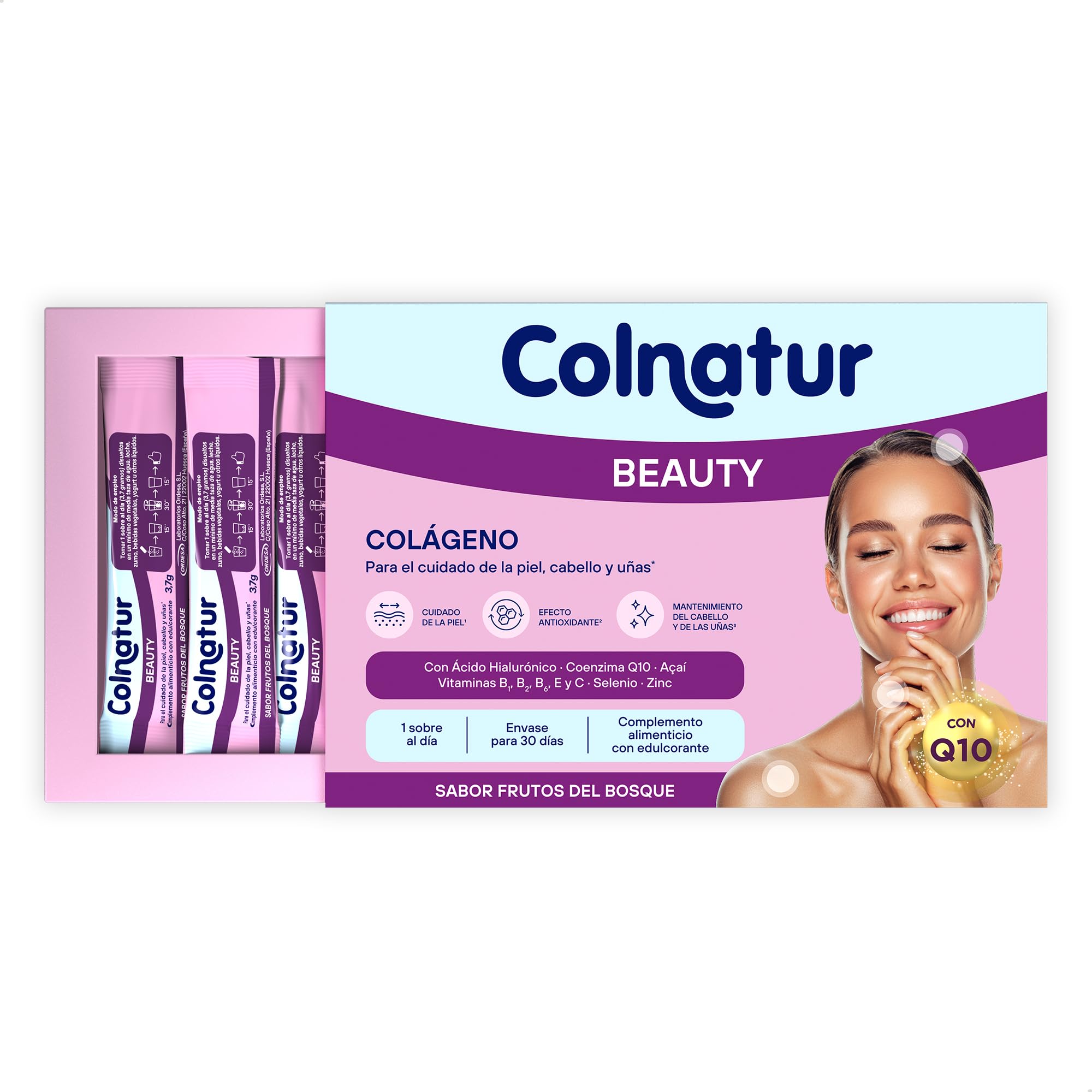 Colnatur Beauty | 30 Sobres | Colágeno con Ácido Hialurónico, Coenzima Q10 y Vitamina C sabor Frutos del Bosque