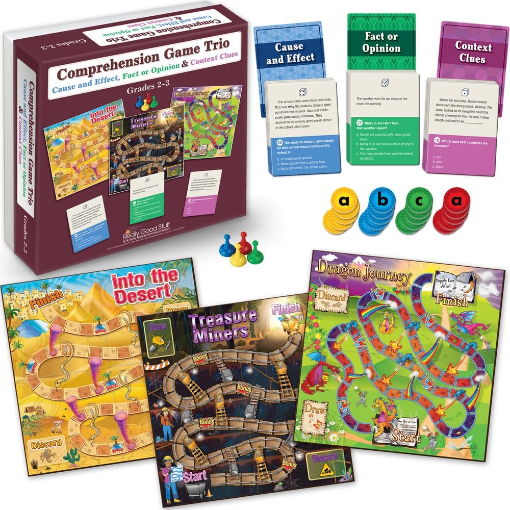 Comprehension Game Trio: Cause and Effect, Fact or Opinion & Context Clues Gr 2-3, ELA Reading Activity, Homeschool Supplies
