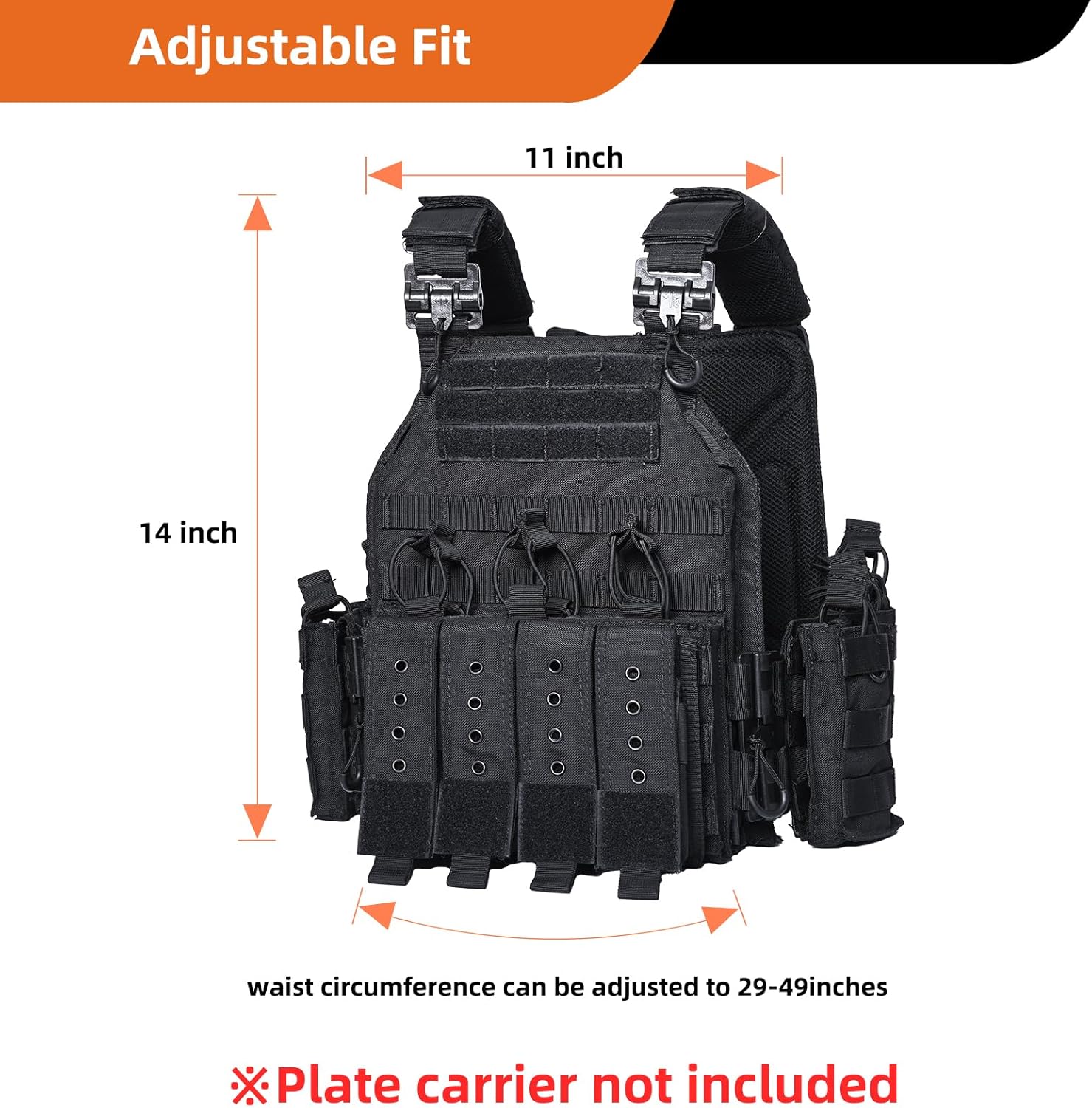 Tactical Plate Carrier Vest - Quick Release in 1000D Nylon,Features 3D Mesh Lining,4 Mag Panels and Reinforced Shoulders for Airsoft Outdoor Use - Image 4