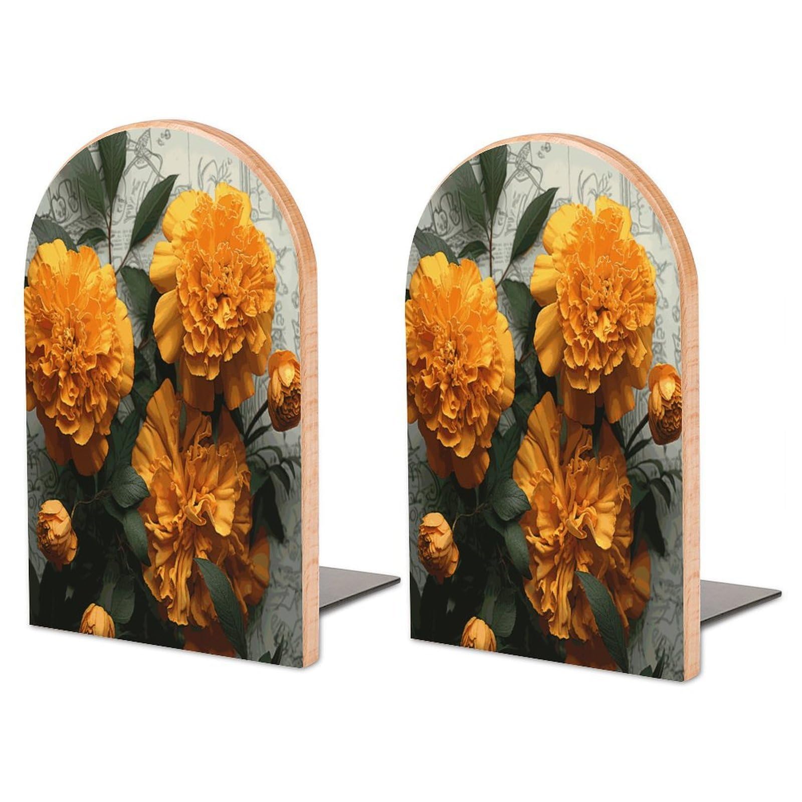 Marigold Bookend for Shelves Non-Skid Book Holder Modern Heavy Duty Bookend Stopper Metal Base Wood Book End Books Shelf Holder Home Decorative 1pair 6.7x3.9x4.7
