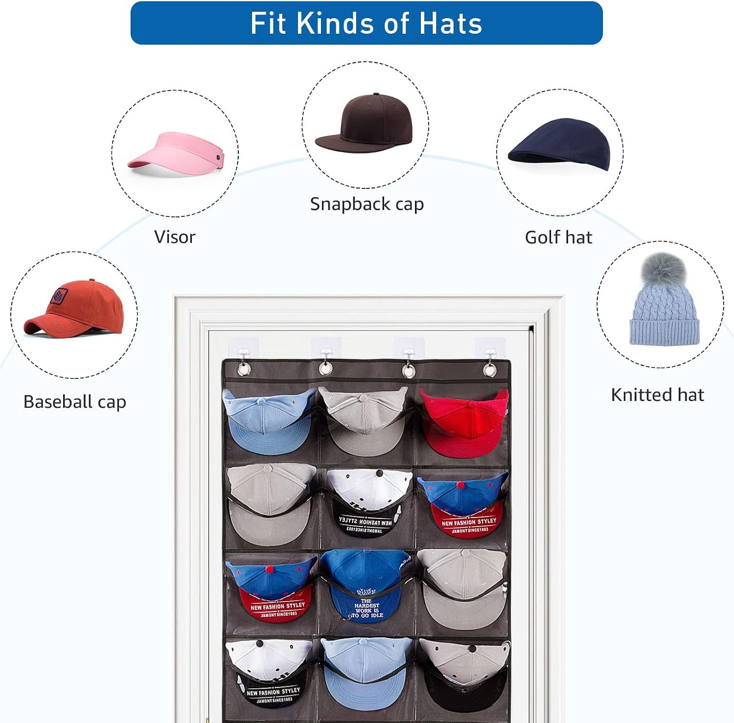 IREENUO Hat Rack for Baseball Caps, Cap Organizer for Door and Wall with 24 Clear Deep Pockets, Hat Holder for Storage and Display Baseball Caps, 4 Door & Wall Hooks Included, Dark Gray