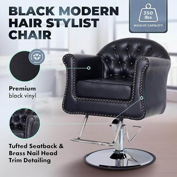 Buy-Rite Brooklyn Styling Chair for Professional Salons & Barbers - Tufted Design with 5 Removable Cushion, Brass Nailhead Trim, Chrome Hydraulic Base, Durable Frame & Rolled Arms, NIN-9905