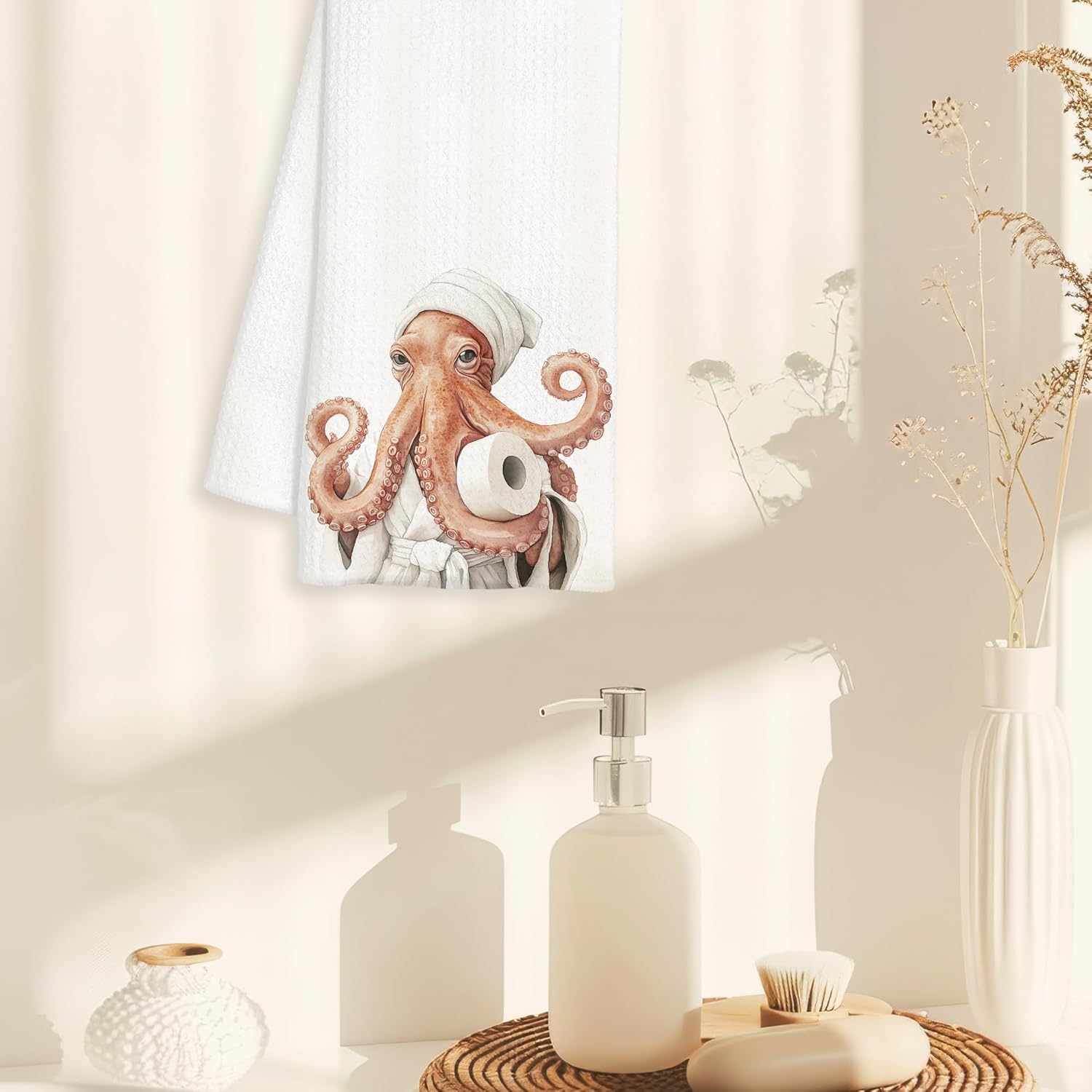 Funny Octopus Hand Towels for Bathroom, Octopus Bathroom Decor, Coastal Ocean Animal Decorative Hand Towels for Washroom Restroom Powder Room, 16x24 Inch - Image 4