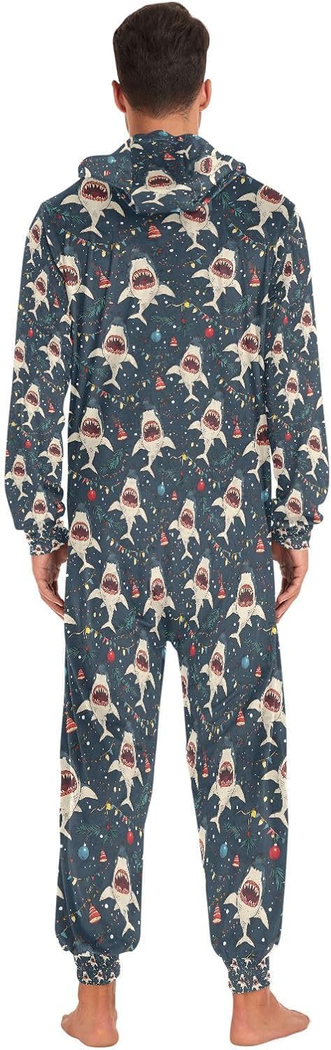 ALAZA Shark Merry Christmas Unisex Onesie Hoody Pajamas Jumpsuit One-Piece Sleepwear for Men Women