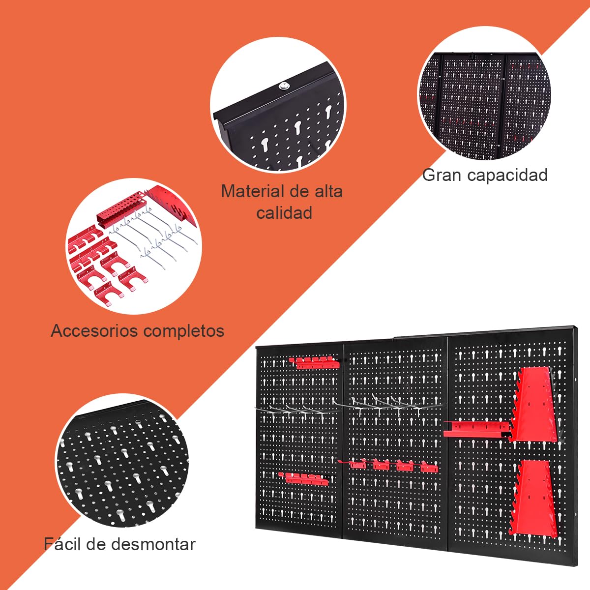 GOPLUS Organizador de Herramientas de Pared, Estante de Almacenamiento de Metal con 3 Paneles Perforados y 17 Accesorios, Soportes para Herramientas para Bricolaje Taller Garaje, 120 x 60 cm