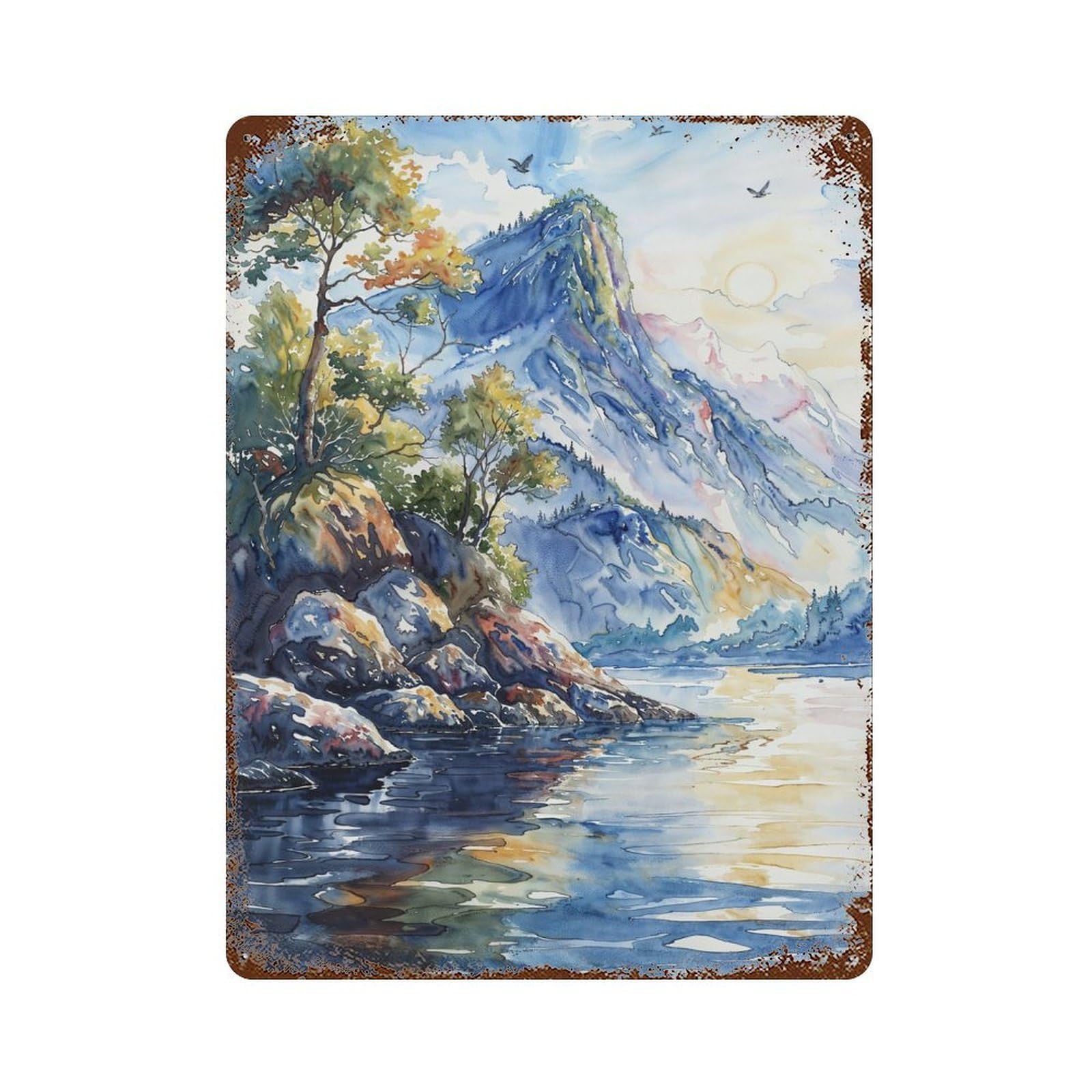 Garage Style Majestic Mountain Lake Aged Metal Wall Plaque 15.7"x11.8", Farmhouse Wall Decor for Bar And Workshop