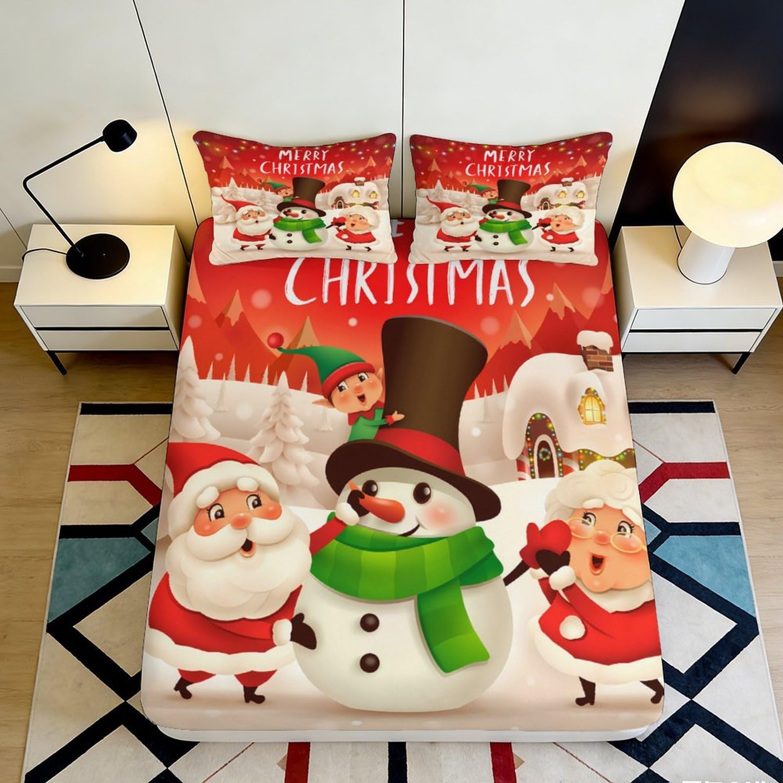 3D Printed Christmas Santa Fitted Sheet Microfiber Soft Red Snowman Mattress Cover for Bedroom Guest Room Decor 90x200x25cm