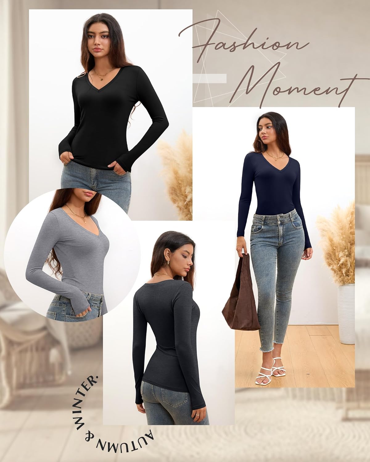 Riyiper 4 Pack Women's Deep V Neck T-Shirts, Long Sleeve Slim Fitted Tee Tops Casual Fall Basic Tee Shirts - Image 6