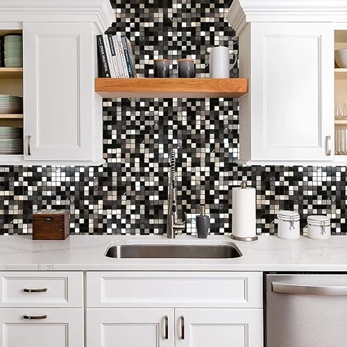 Miniatura 2 de 10 hojas autoadhesivas de mosaico de aluminio para despegar y pegar, azulejos de metal 3D para pared contra salpicaduras para cocina y baño (12 x 12
