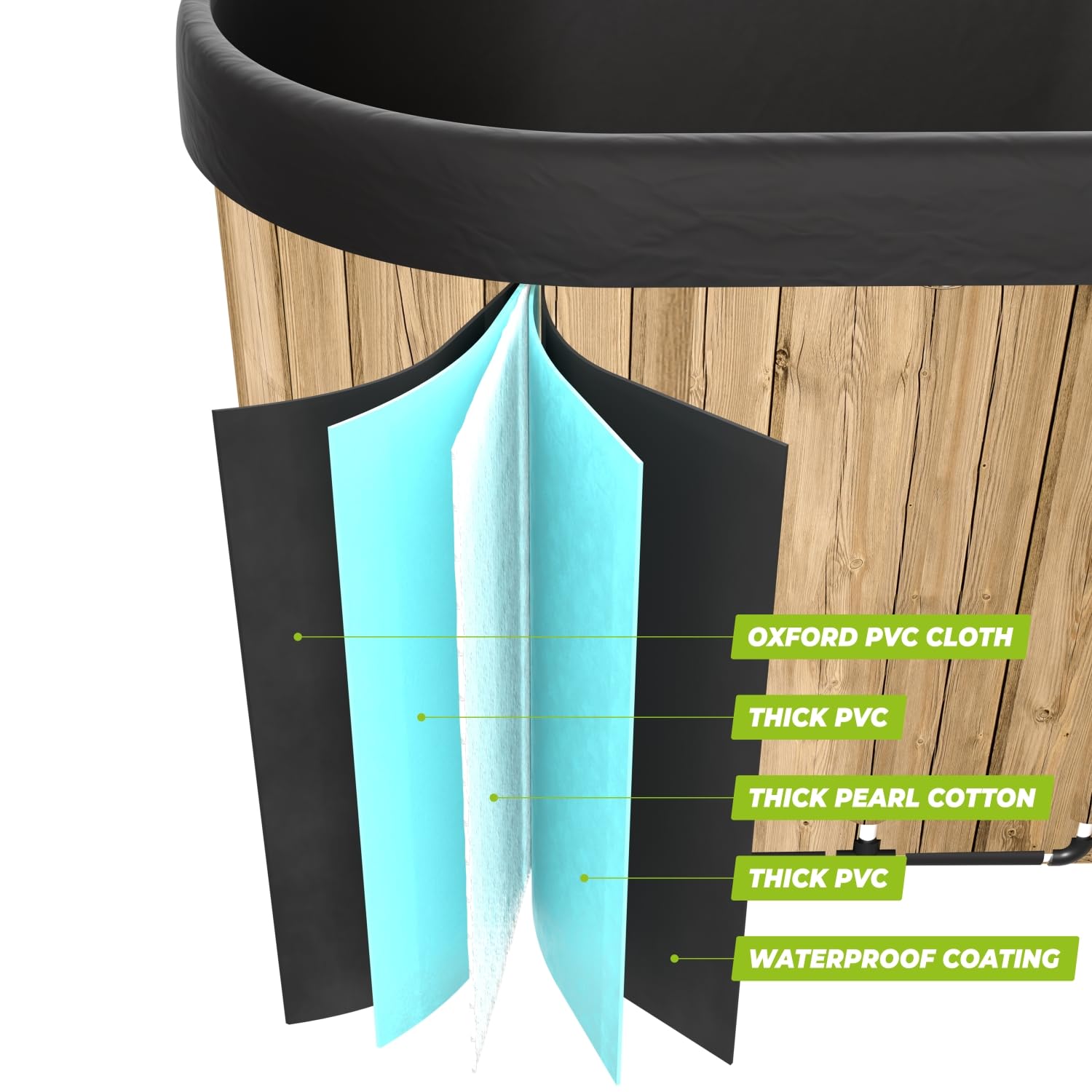 VirtuFit Eisbad Oval 500L Wood Look – Kaltwasserbecken Ice Bath für Regeneration & Muskelerholung – faltbar, 5-lagige Isolierung, inkl. Zubehör, Outdoor & Indoor