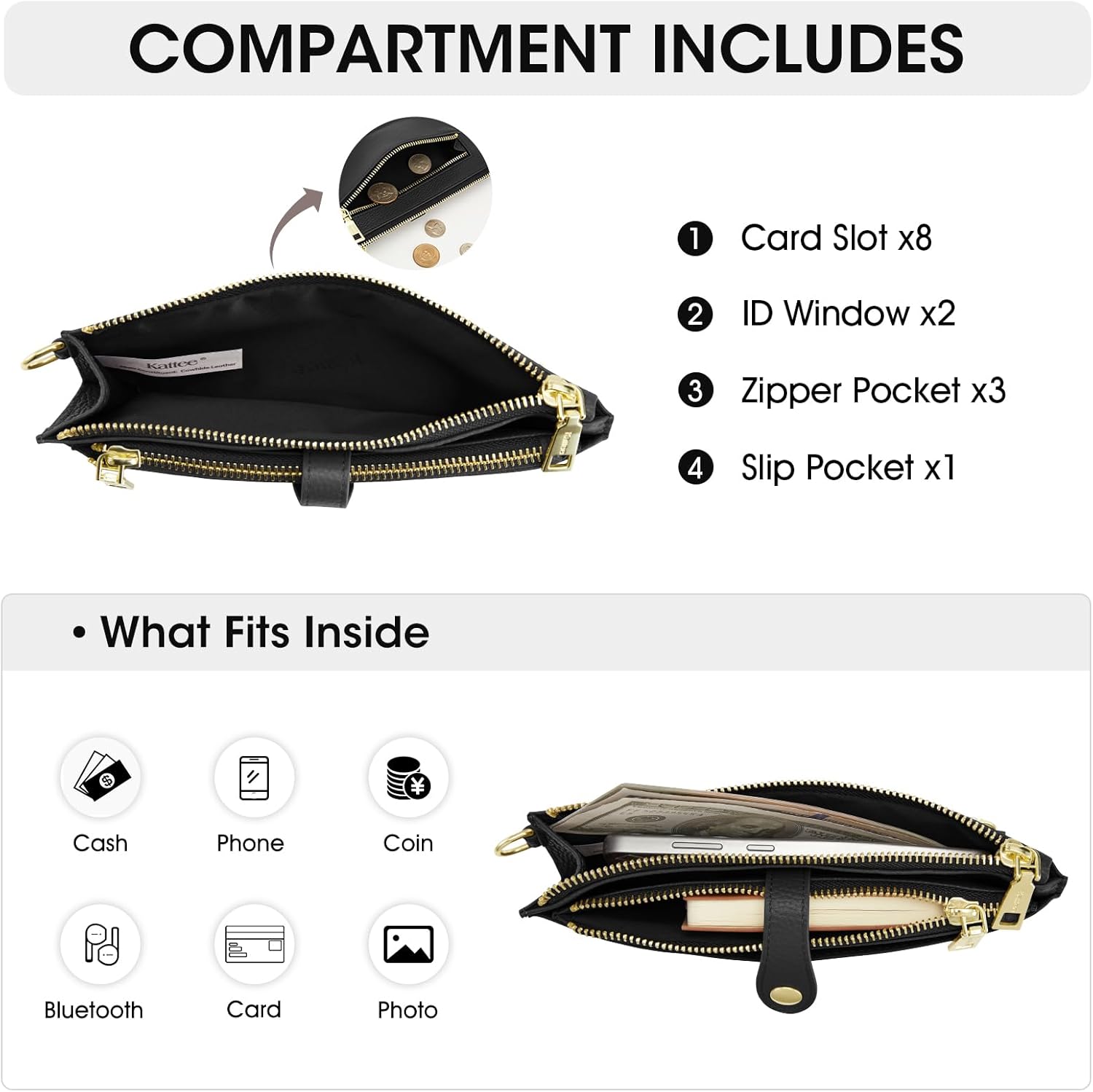 Kattee Leather Wristlet Wallets for Women, RFID Wallets Women, Top Grain Leather Card Holder Phone Purses Clutch Bags - Image 5