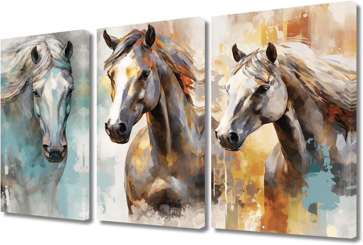 TUMOVO Modern Blue Gold Abstract Artistic Textured Background Equestrian Wall Decor Antique Horse Riding Wall Artwork Decoration Farmhouse Country Wall Art for Home Decor 3 Panels (60" Wx40 H)