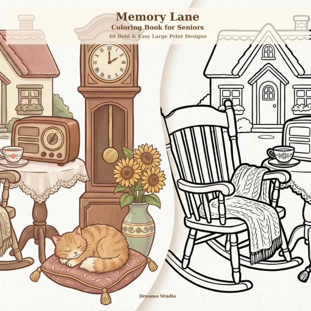 Memory Lane Coloring Book for Seniors: 40 Bold and Easy Large Print Nostalgic Designs for Relaxation and Stress Relief