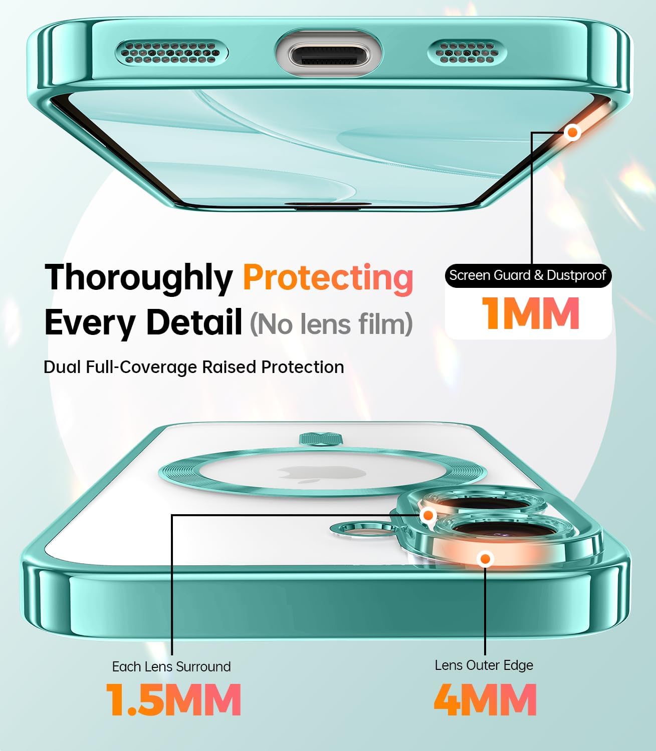 Meifigno Designed for iPhone 16 Plus Case 6.7", [Glitter Card & Wrist Strap] [Compatible with MagSafe] Full Lens Protection Designed for 16 Plus Case, Teal image 4