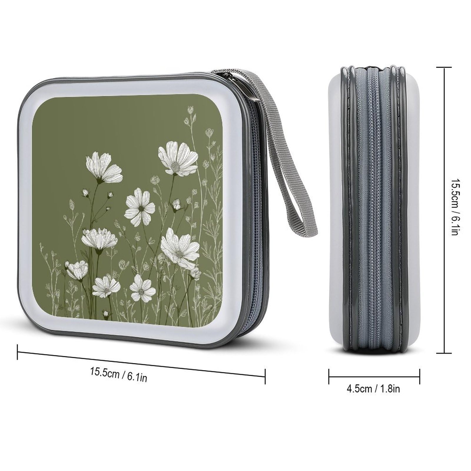 DuduYH White Wildflowers on Green CD Case DVD Storage Case Portable for Car Home Travel