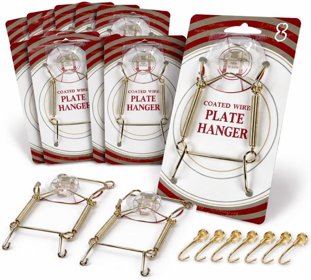 Brass Plate Hangers 3–5 Inch Plates – Set of 8 Vinyl Coated Plate Hangers with Hooks & Nails – Adjustable Wall Plate Display Holders for Decorative Plates, Small Trays & Art