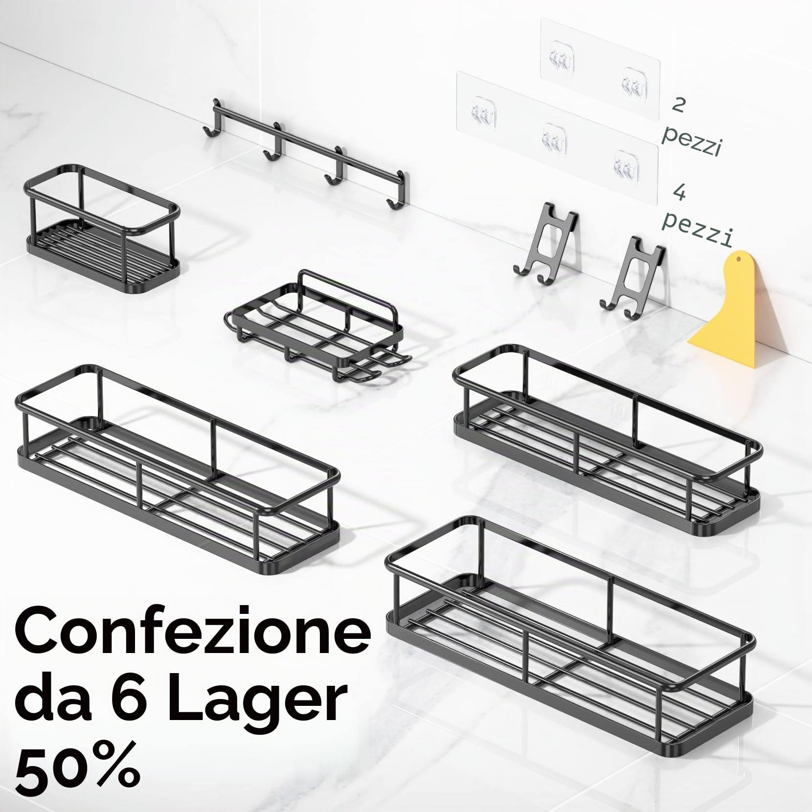 YASONIC Porta sapone per doccia 6 Pezzi Mensola doccia senza foratura, grande capacità con 12 ganci e Portasapone doccia, Impermeabile e antiruggine Porta shampoo doccia, Organizer doccia, Nero