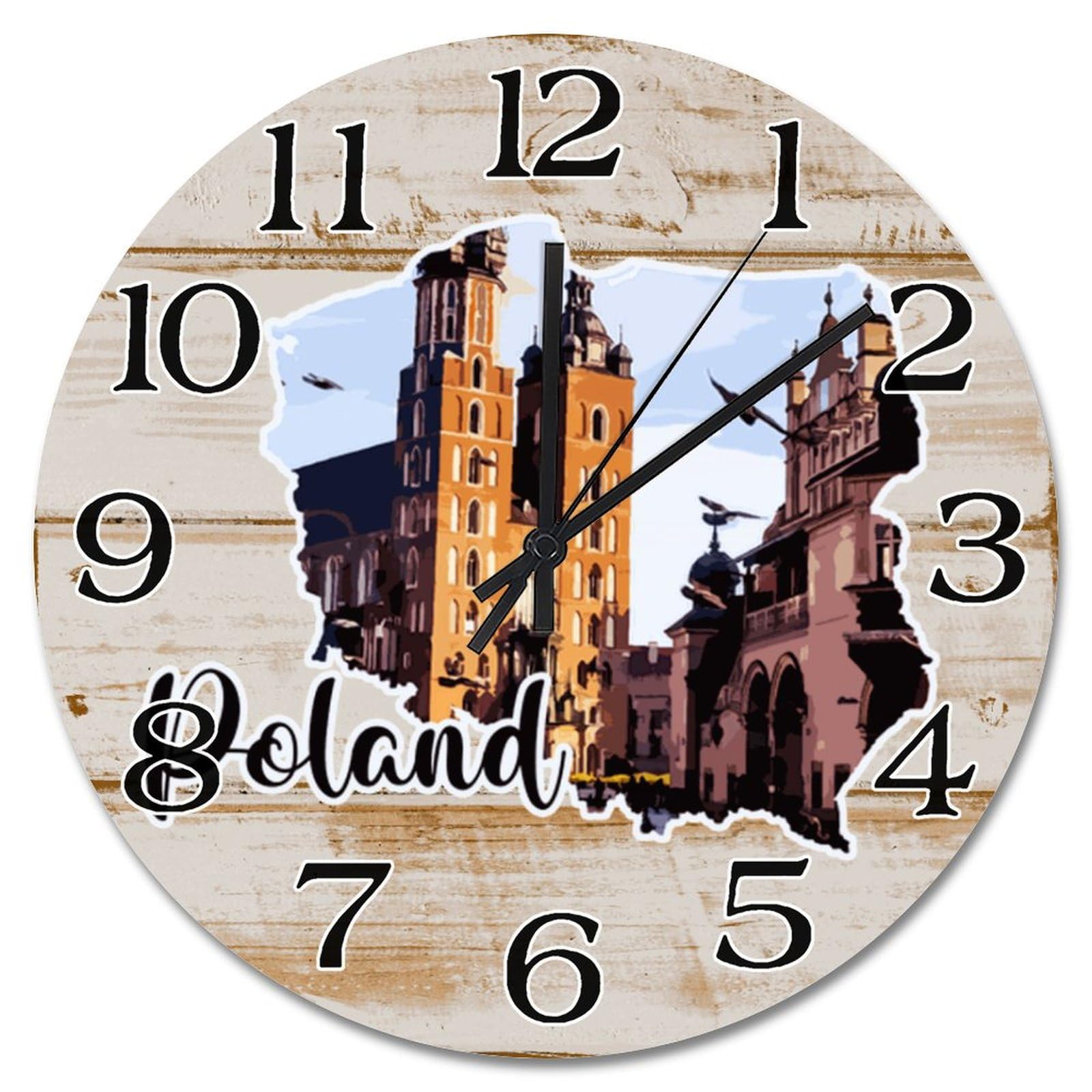 Horloge murale en bois Pologne paysage urbain pour salon et bureau