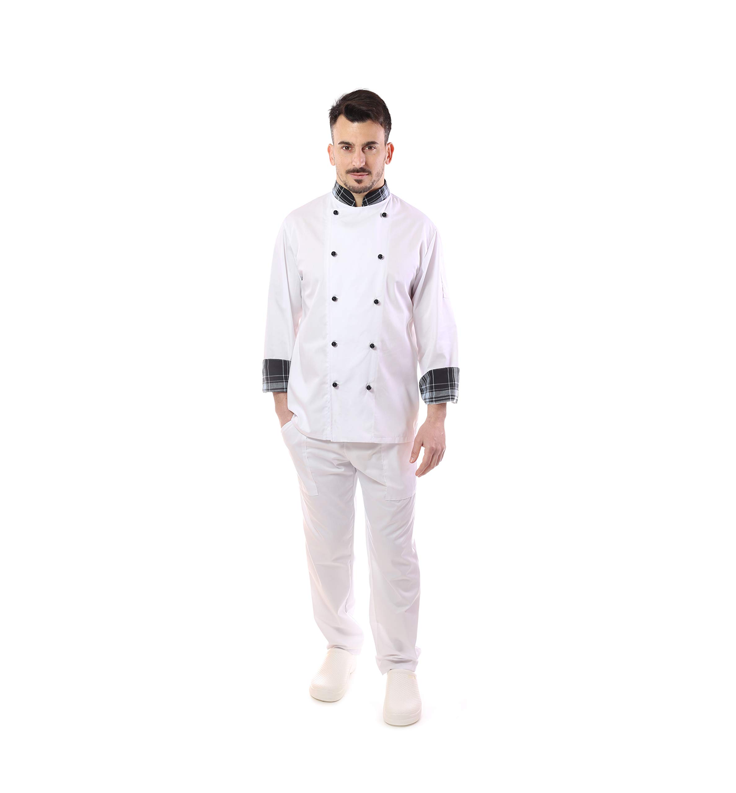 Bordado gratuito – Juego de cocinero y chef blanco – Escocia – para hombre – 4 unidades – Chaqueta, Pantalón, Davantino y Bandana – uniforme para cocina y restaurante – Fabricado en