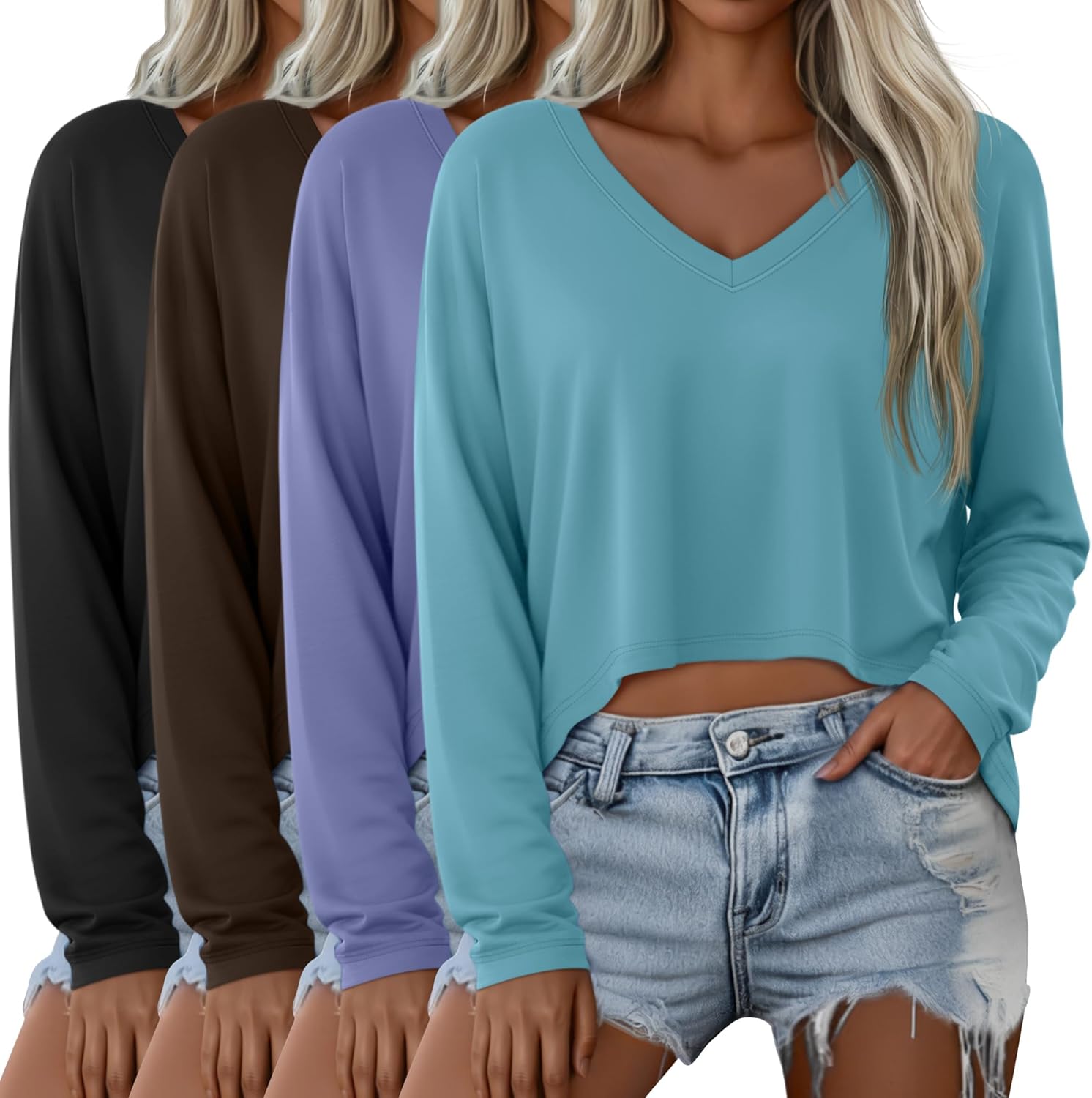 Oakgarden 4 Pack Oversized Cropped T Shirts for Women V Neck Long Sleeve Crop Tops Loose Casual Basic Tees Irregular Hem