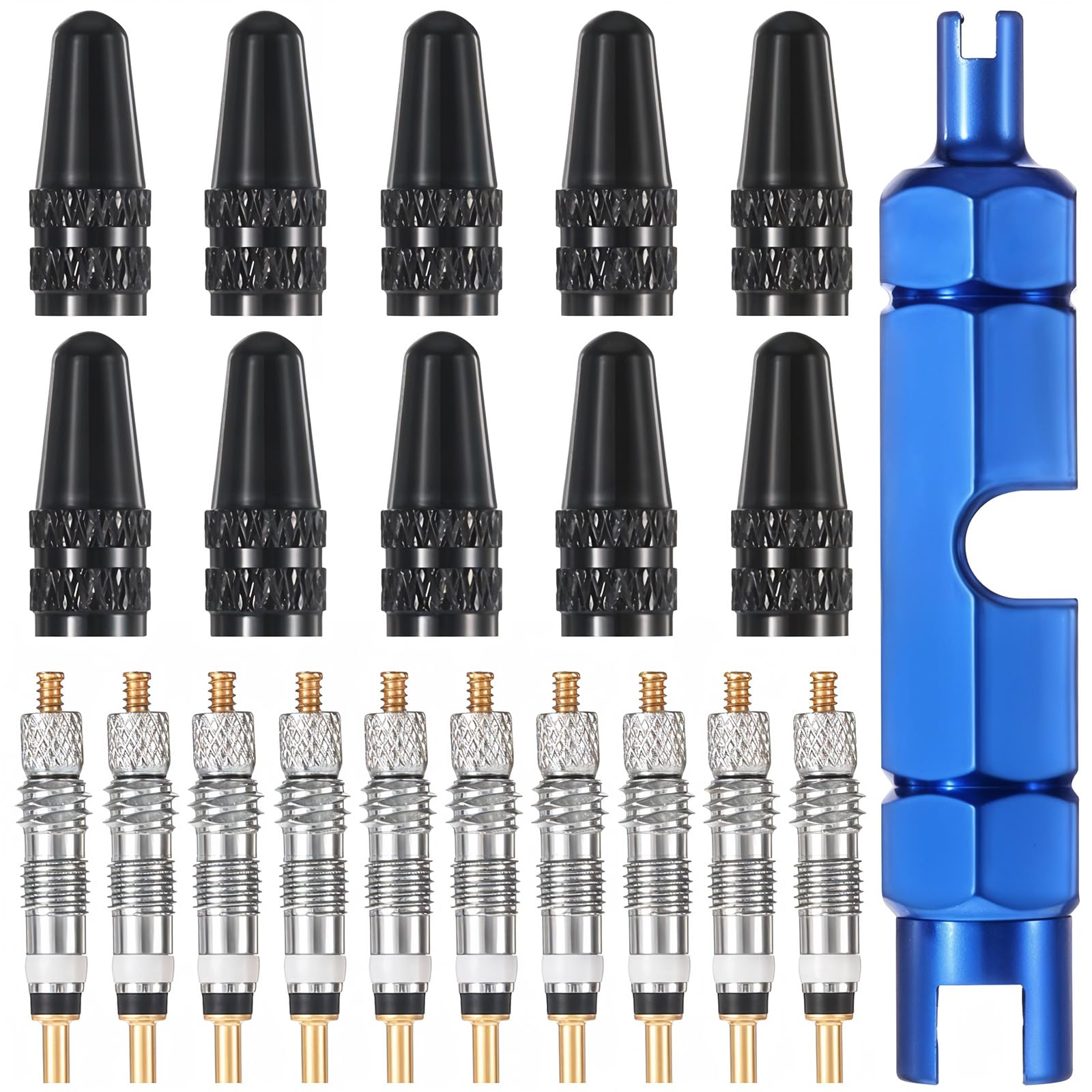 21Pcs Presta Valve Core Removal Tool Kit, Including 10 Pc Bike Tubeless Valves Cores 10 Pc Tyre Valves Cores Stem Caps 1 Extender Wrench Valve Core Removal Tool Kit for Road Bike and Mountain Bicycles