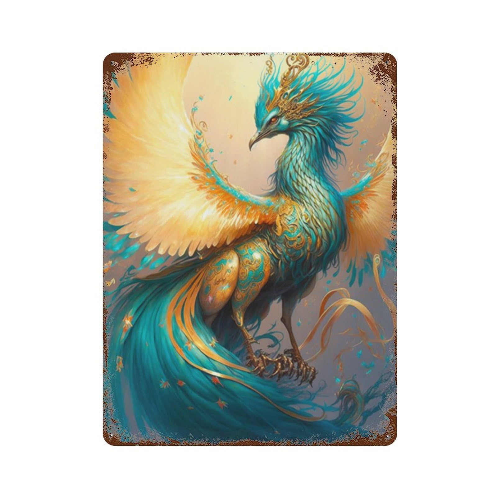 Fantasy Phoenix Art Print 15.7"x11.8" Distressed Metal Wall Sign, Shabby Chic Decor for Shed, Workshop And Garage Wall Decor