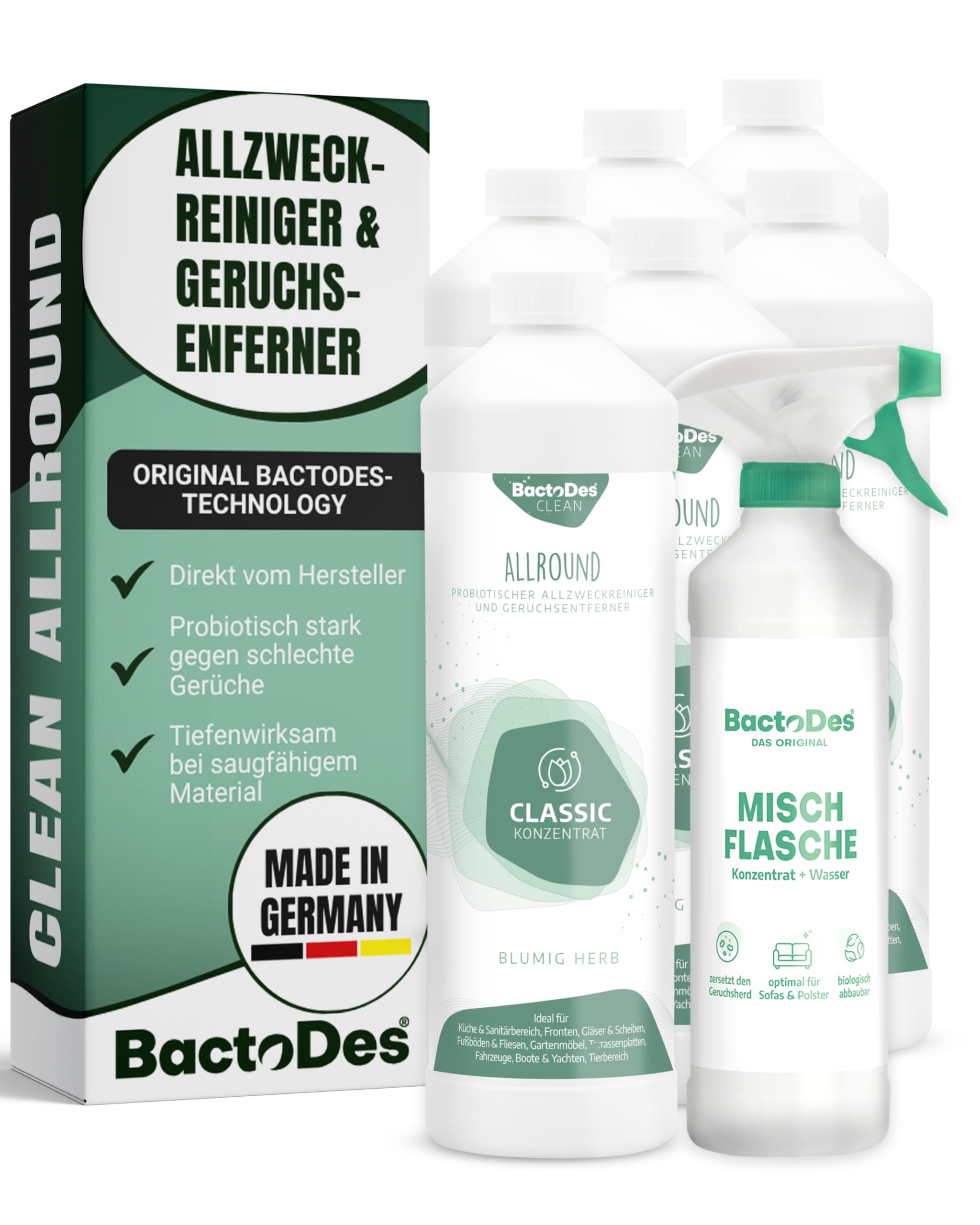 BactoDes - Clean Allround CLASSIC probiotischer Allzweckreiniger 6L Konzentrat mit Sprayflasche - Spezial Enzymreiniger mit bio Mikroben-Wirkung - Effektiver Geruchsneutralisierer & Geruchsentferner