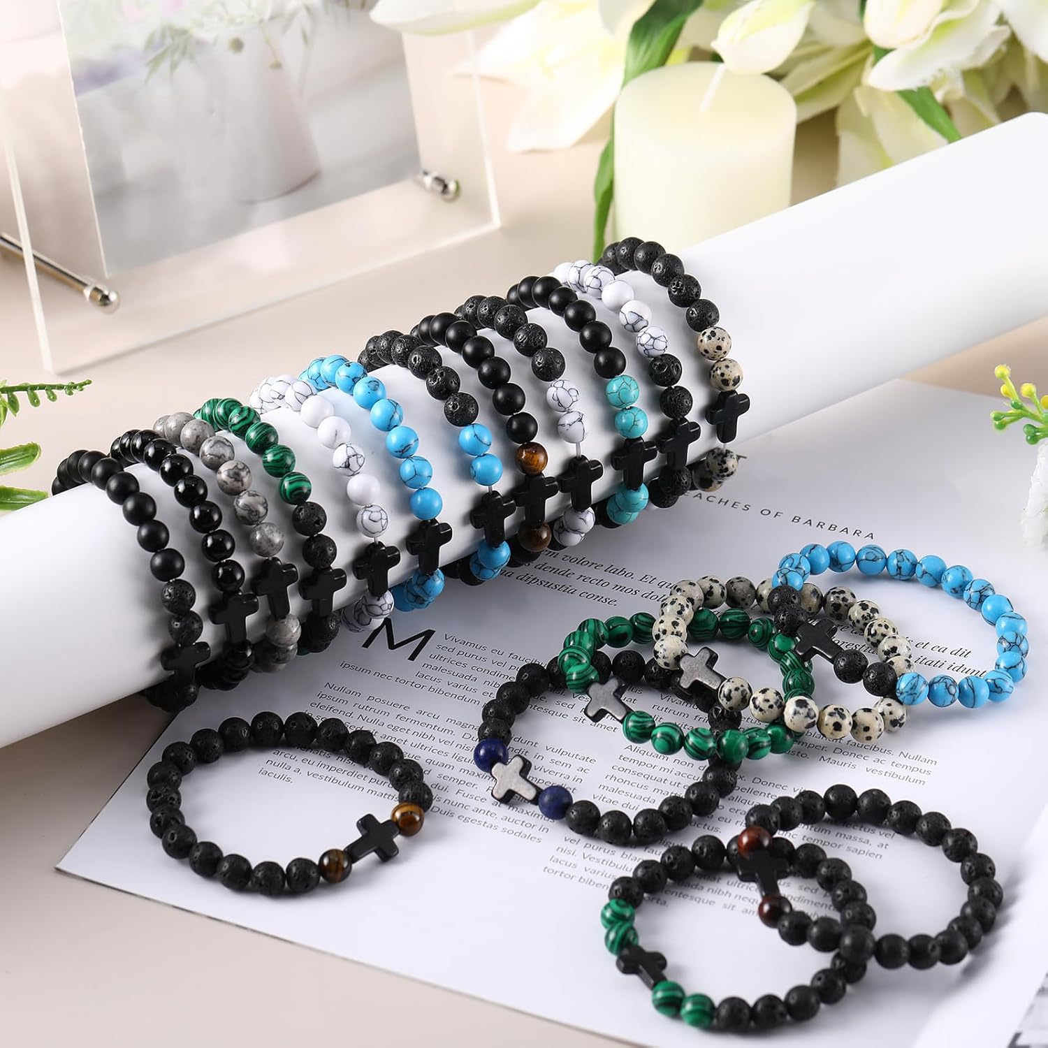 24 Pcs Cross Beads Bracelet for Men Women 8mm Couple Cross Bracelets Black Christian Healing Lava Stone Stretch Turquoise Tiger Eye Stone Natural - Image 7