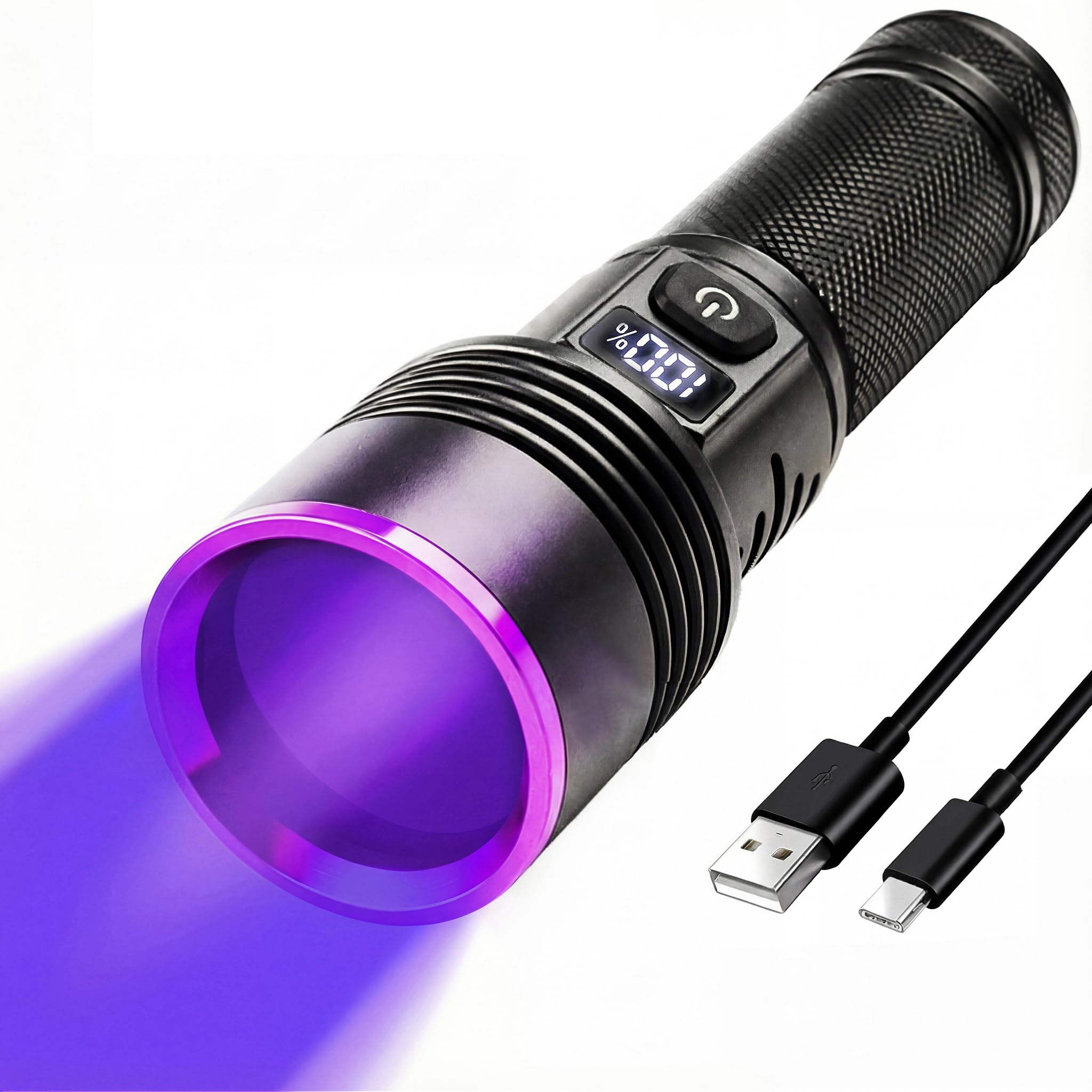 Linterna UV de 30 W, 7000 mAh de alta potencia de 365 nm, luz UV, 4 núcleos LED recargable por USB, linterna de luz negra para perro, orina de gato, manchas secas, fugas de CA, vidrio de uranio