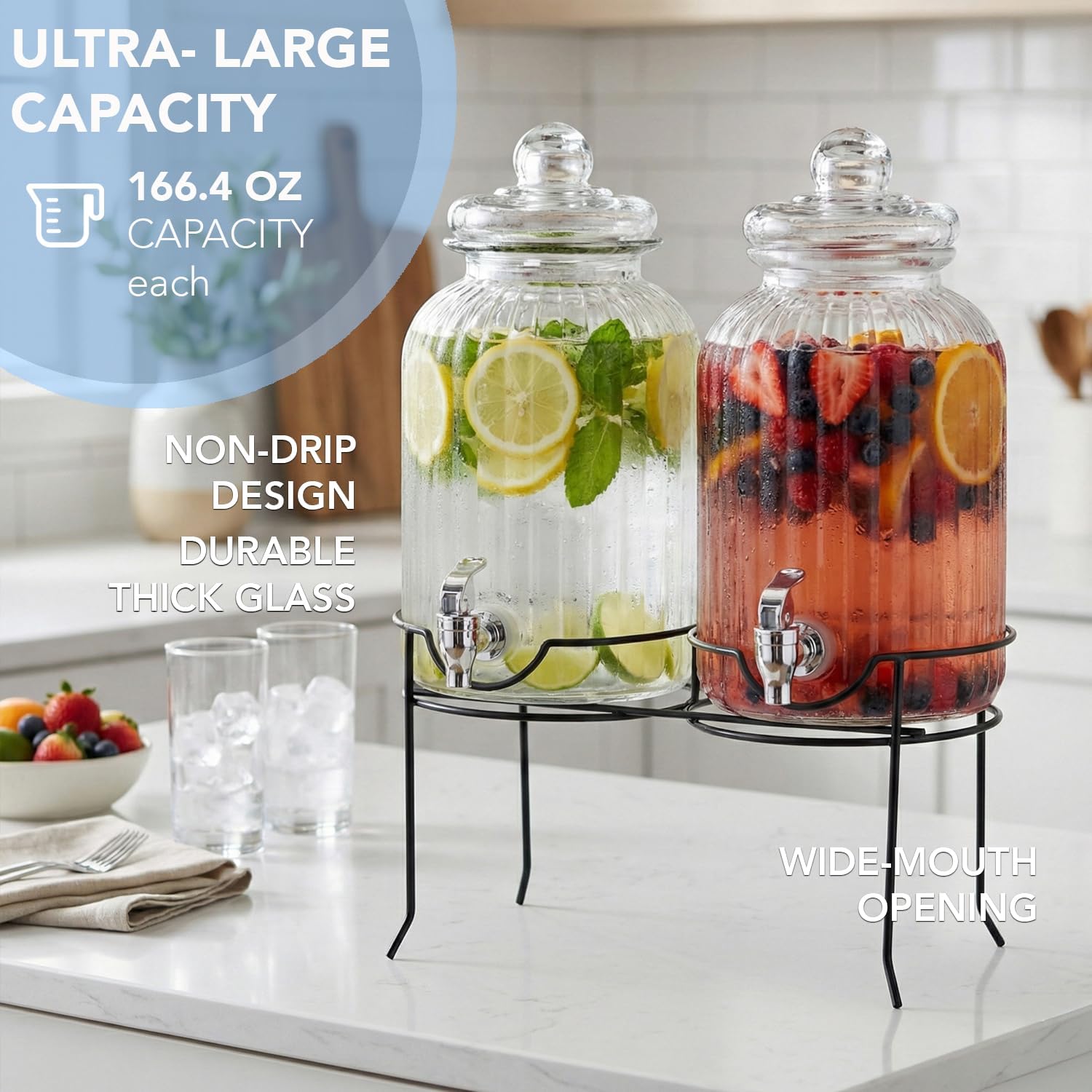 Style Setter Canyon Glass Beverage Dispenser with Stand Set of 2-1.3 Gallon Drink Dispenser with Stand & Spigot - Leak-Proof Lemonade Dispenser - Punch Dispenser for Parties, Weddings, Birthdays - Image 5