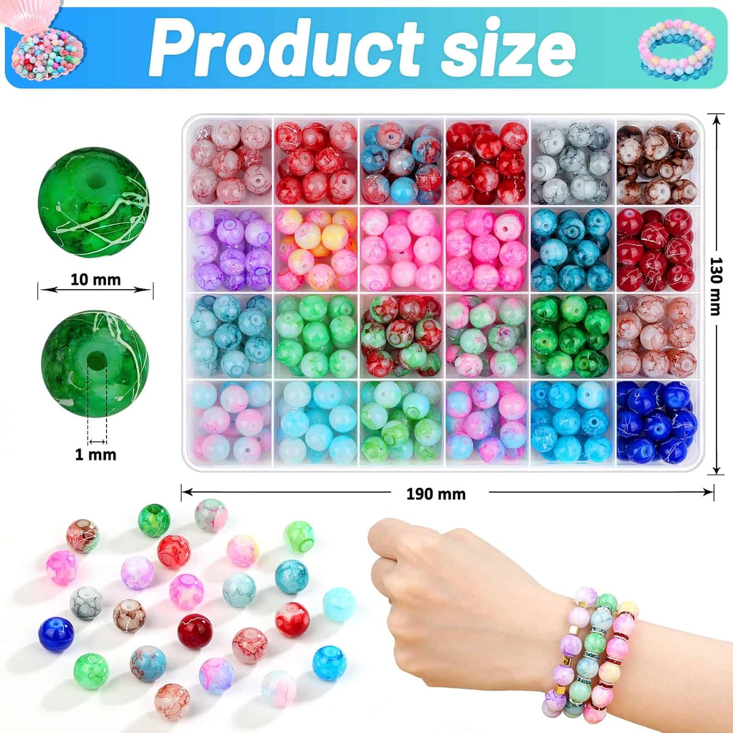 360pcs 10mm Glass Beads for Bracelet Making and Jewelry Making, 24 Colors Marble Crystal Pattern Stone Beads Round Gemstone Beads for Earring Necklace Bracelet and Jewelry Making - Image 5