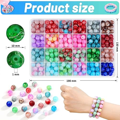 Miniatura 5 de 360 cuentas de vidrio de 0.394 pulgadas (0.394 in), cuentas de mármol de 24 colores para hacer pulseras, aretes, collares y joyas
