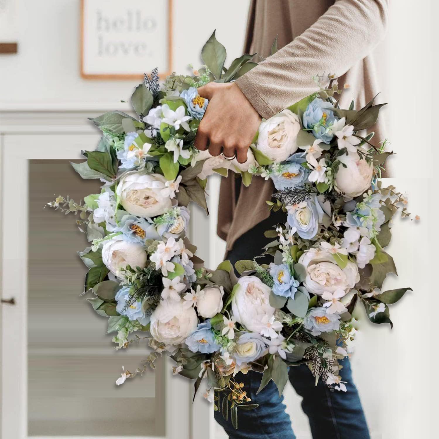 WANNA-CUL 24 Inch Spring White Peony Floral Wreaths for Front Door,Spring Wreath with Baby Blue Rose Flower for Wedding or Mothers Day Wreath Decor