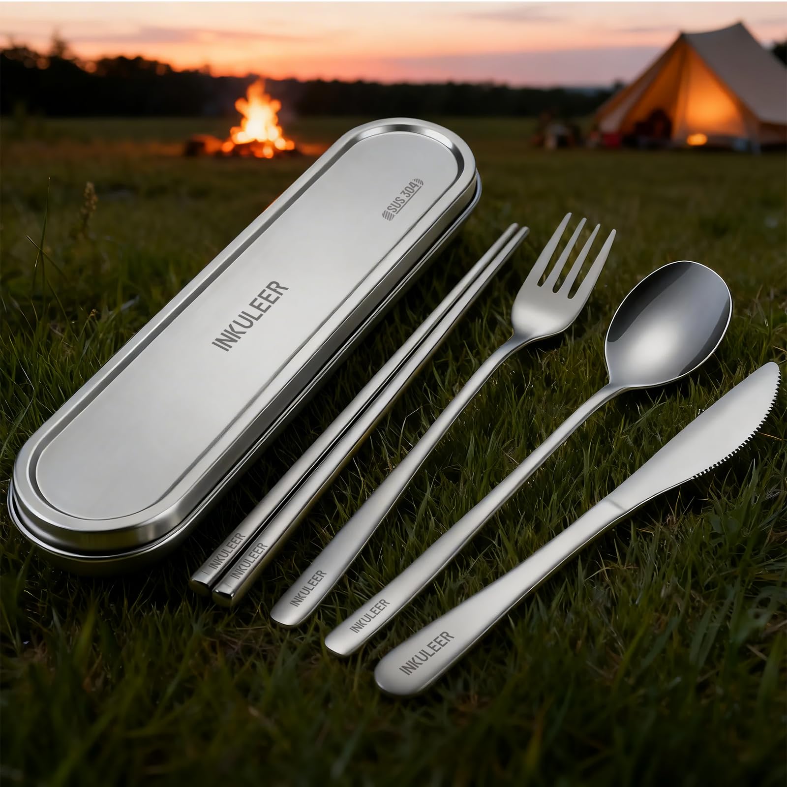 INKULEER Juego de cubiertos de viaje – Utensilios reutilizables de acero inoxidable 18/8 con caja de metal, cubiertos portátiles para camping, oficina, viajes y comedor al aire libre