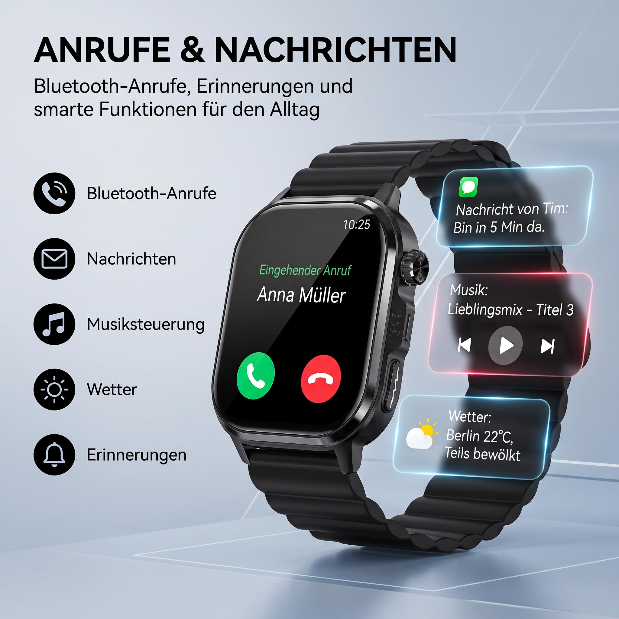 CARDIGO Montre connectée avec détection des chutes et fonction SOS, montre de sport avec GPS, appels Bluetooth et plus de 100 modes sportifs, AMOLED 1,95", sans ABO, 2 bracelets, noir
