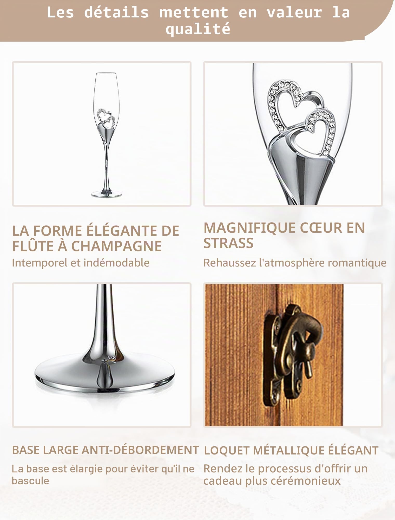 NUPTIO Cristal Flûtes à Champagne avec en Bois, Cadeau Mariage, Argent | 2 Pièces, Verre, pour Anniversaire, Fête, Noël, pour les Couples, l'épouse, la Mariée, l'être Aimé