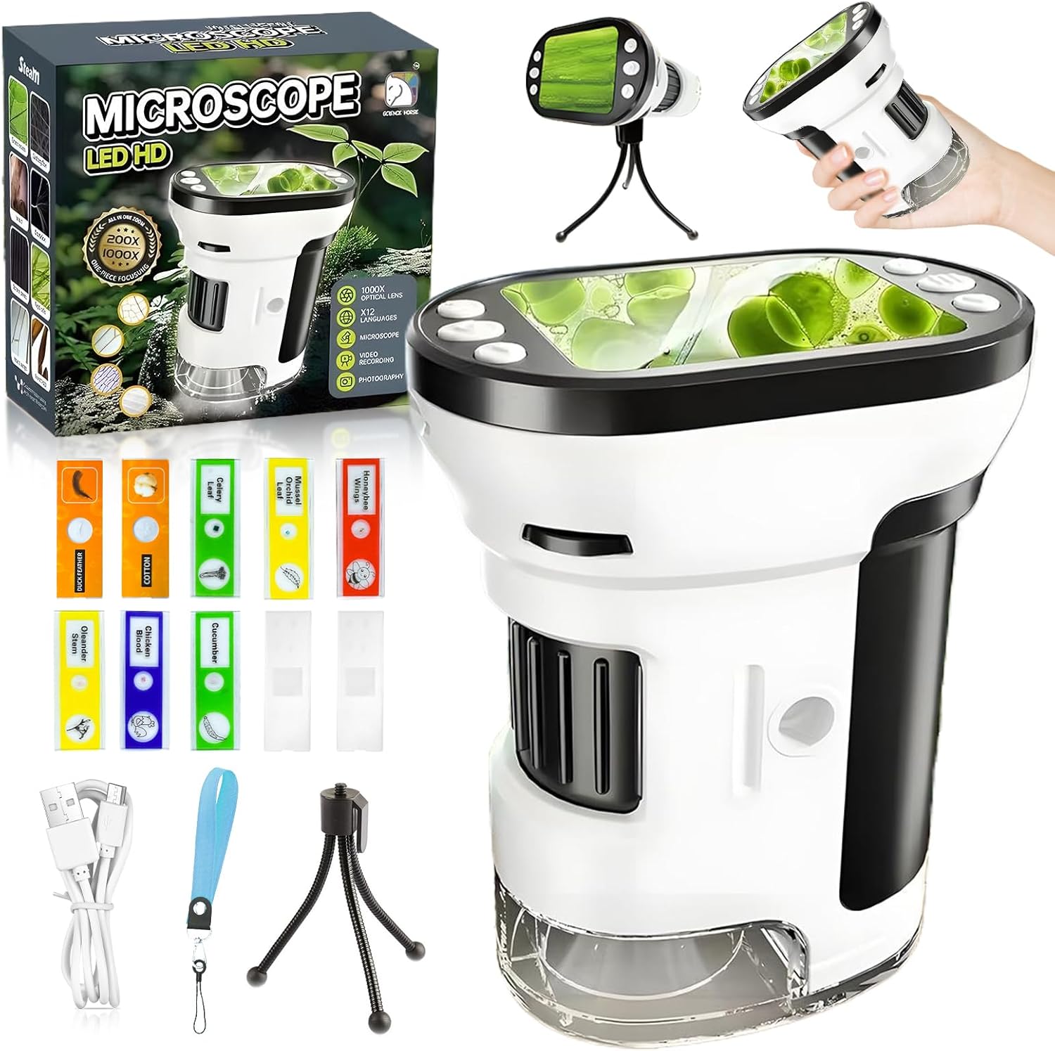 Handheld Microscope Kit for Kids,Portable Digital Microscope for Kids 200~1000X Pocket Handheld Microscope with Slide Kit Mini Pocket Digital Microscopes Portable Edu Gift Age 6+ Children