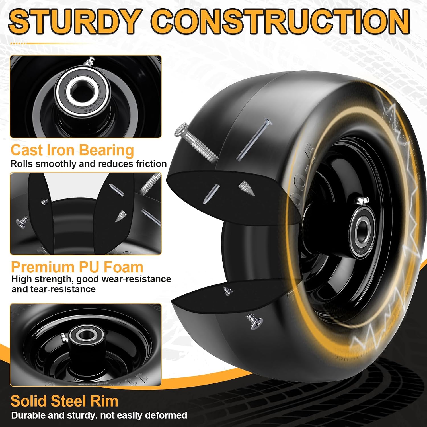 11x6.00-5" Flat Free Lawn Mower Tire and Wheel,Zero-Turn Mower Front Tire,Universal 11x6-5 Solid Smooth Tires with 3/4" or 5/8" & 1/2" Bearings,Centered Hub for Bad Boy/Cub Cadet Lawn Mower, 2 Pcs