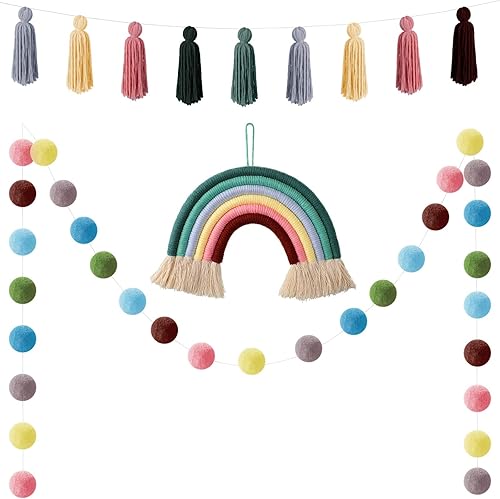 Guirnalda de 3 piezas con borlas y pompones, pancarta de algodón con borlas para macramé, arco iris, decoración para colgar en la pared para Guirnalda de 3 piezas con borlas y pompones, pancarta de algodón con borlas para macramé, arco iris, decoración para colgar en la pared para