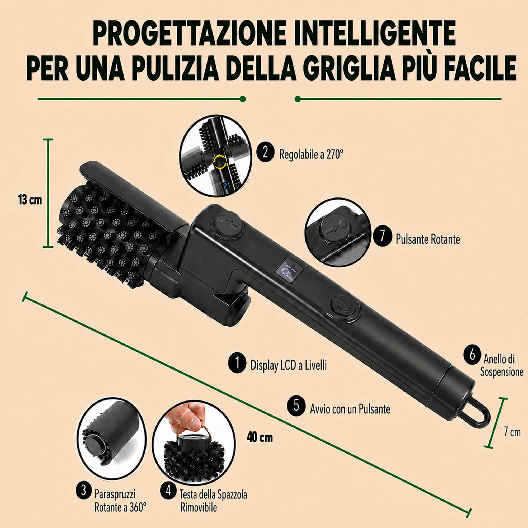 Spazzola Elettrica per Barbecue Senza Fili 270° Regolabile 2 Testina | in Acciaio Inox & Lucidante, Ricaricabile USB-C Pulitore Griglia 3 Velocità , 120 minuti, per Campeggio & BBQ Griglia