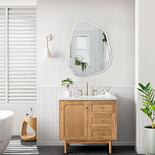Miniatura 41 de Espejo de pared irregular de 26 x 18 pulgadas, espejo de baño grande asimétrico con marco de madera, espejos decorativos artísticos modernos