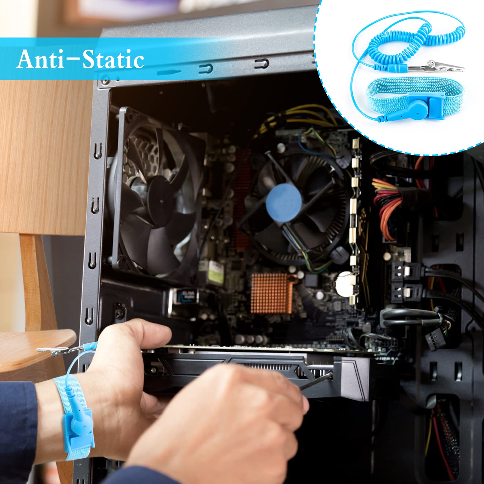 6 Pezzi Braccialetti Antistatici Bracciale Antistatico con Cinturino Anti Elettricità Statica Cinturino da Polso Antistatico con Cavo a Terra e Clip a Coccodrillo Blu