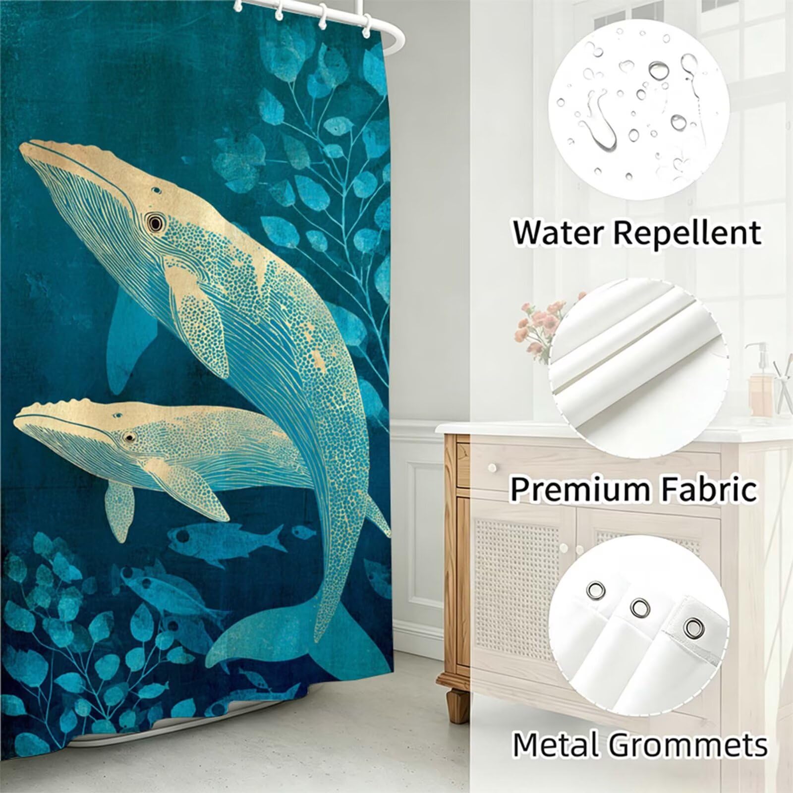 Rideau Douche Turquoise 230x180cm Rideau de Douche baleine Shower Curtain–Impression Polyester Tissu–avec œillets et 12 Crochets–Tissu Lavable en Machine–Imperméable–pour Salle de Bain–Hôtel J-1012